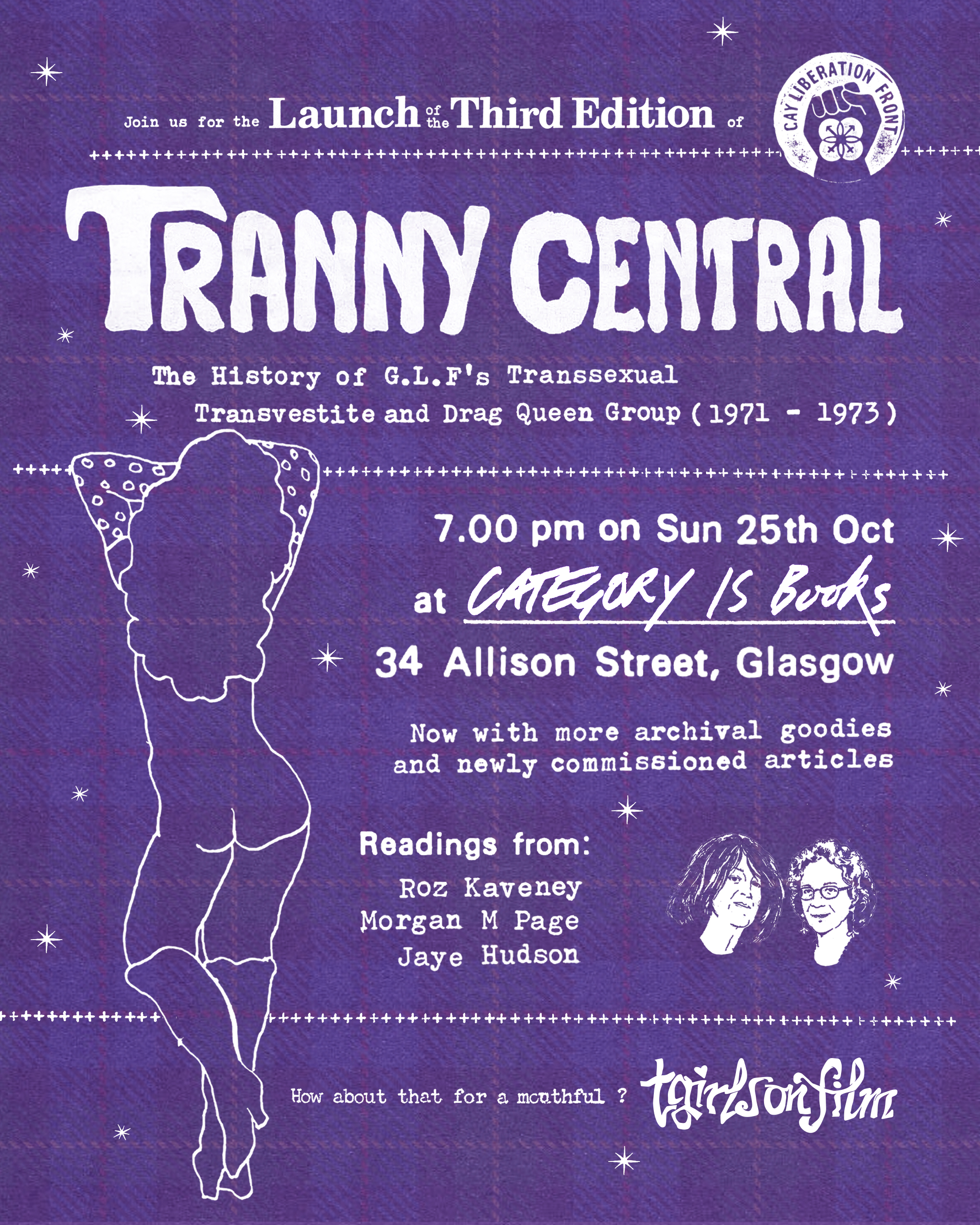 Tranny Central third-edition launch poster: Category Is Books, Glasgow; 25 Oct, 7pm; readings by Roz Kaveney, Morgan M Page and Jaye Hudson.