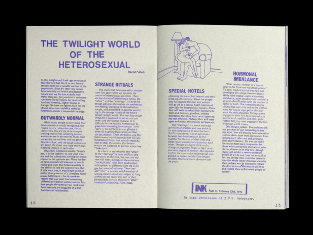 An open Tranny Central spread with purple text headed The Twilight World of the Heterosexual and an illustration.