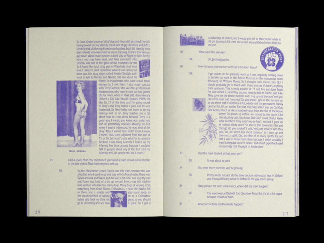 An open Tranny Central interview spread with purple text, archival photographs and a Gay Liberation Front emblem.